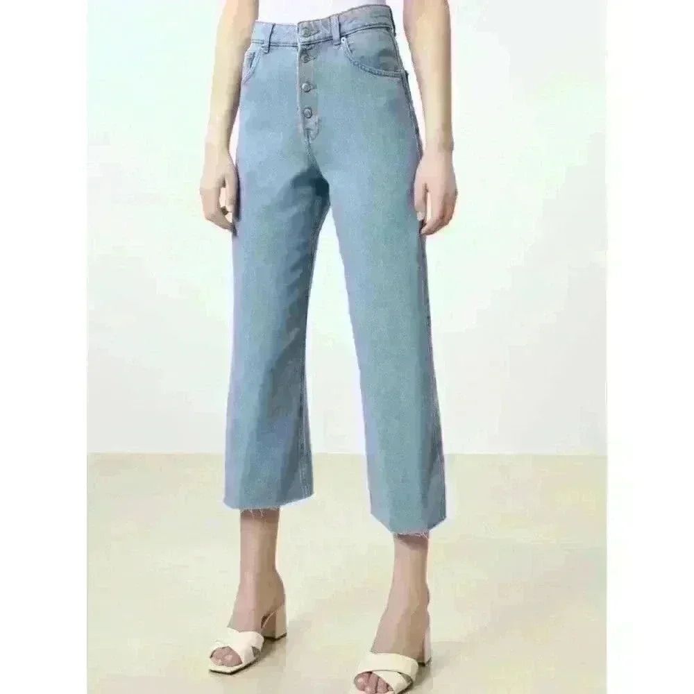 Lefties Brand Womens Denim Culottes in Light Indigo High Rise‎ Wide Leg Size 32